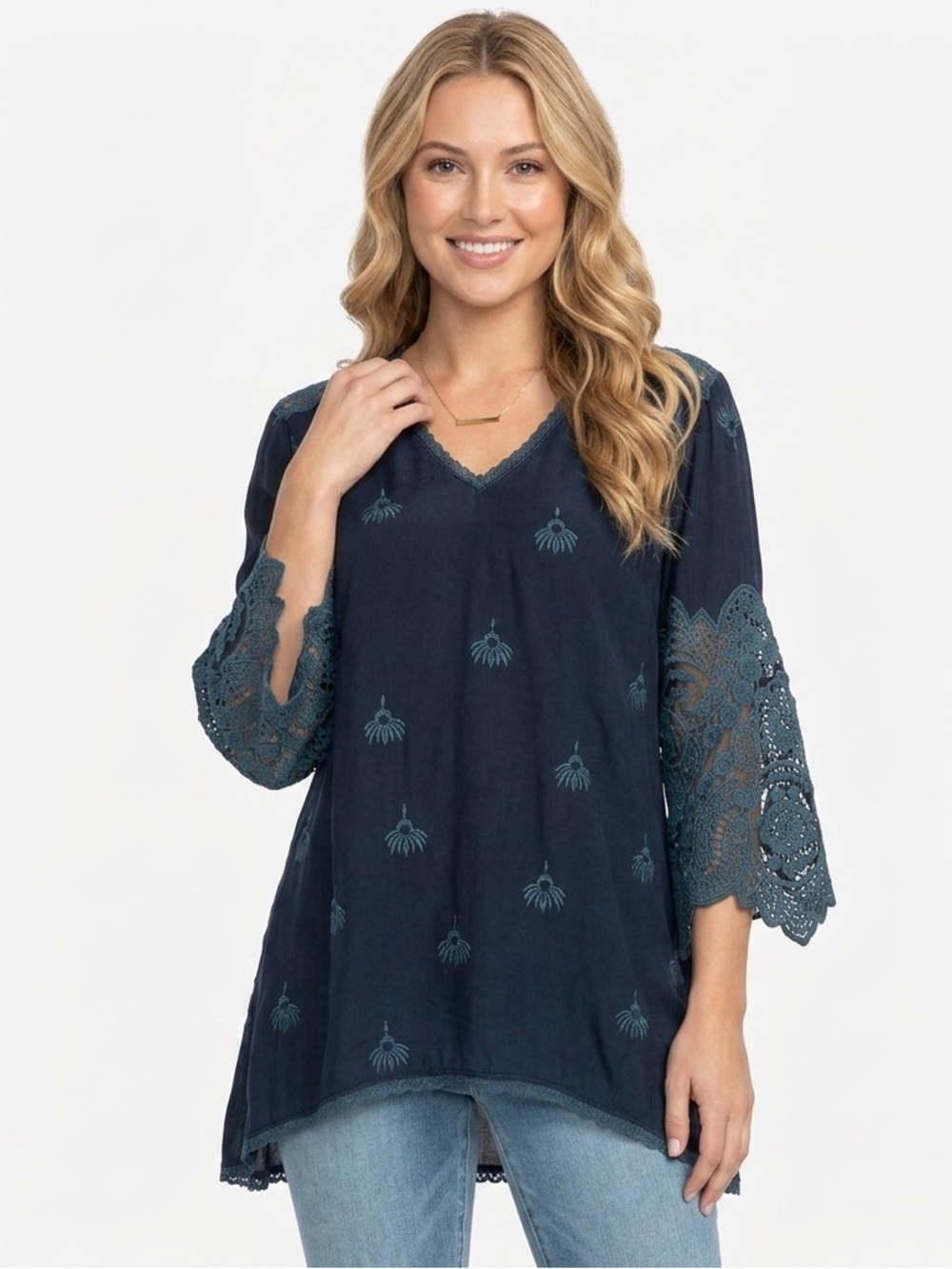 Johnny Was Jay Jay Navy Blue V-Neck Tunic with Lace Sleeves XS